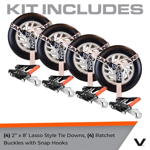 VULCAN Car Tie Down with Snap Hooks - Lasso Style - 2 Inch x 96 Inch, 4 Pack - Silver Series - 3,300 Pound Safe Working Load - size: Snap Hooks - Silver Series (4 Pack)