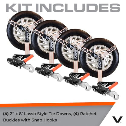 VULCAN Car Tie Down with Snap Hooks - Lasso Style - 2 Inch x 96 Inch, 4 Pack - Silver Series - 3,300 Pound Safe Working Load - size: Snap Hooks - Silver Series (4 Pack)