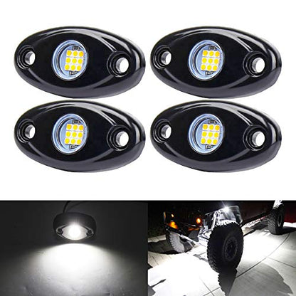 White LED Rock Lights, 4 Pods Neon 12V Waterproof Underglow Underbody Kit Crawler Crawling Dome Exterior Wheel Lights for ATV RZR UTV SUV Off-Road Auto Boat Motorcycle Glow Trail Rig Fender Lamp - color: white