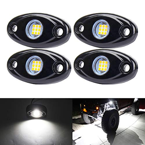 White LED Rock Lights, 4 Pods Neon 12V Waterproof Underglow Underbody Kit Crawler Crawling Dome Exterior Wheel Lights for ATV RZR UTV SUV Off-Road Auto Boat Motorcycle Glow Trail Rig Fender Lamp - color: white