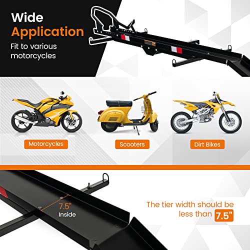 Goplus Motorcycle Hitch Carrier, 600LBS Motorcycle Carrier Hitch Mount with 2 Straps, Loading Ramp, Dirt Bike Trailer, Heavy Duty Motor Cycle Rack, Fit Up to 7.5” Wide Tire