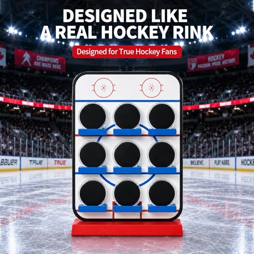 Hockey Puck Display Case，9 Acrylic Clear Box Holder with Wooden Base Ice Hockey Rink Designed , Showcase for Autographed Memorabilia - size: 16.5ln×12.2ln×2.7ln