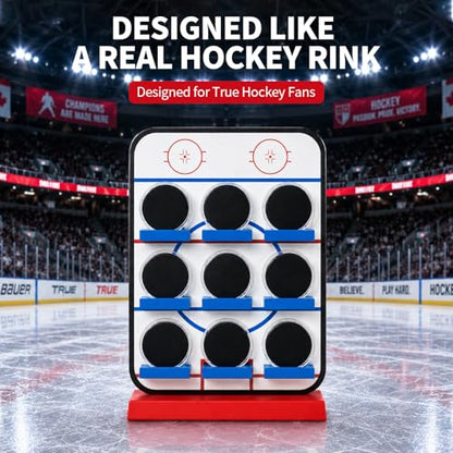 Hockey Puck Display Case，9 Acrylic Clear Box Holder with Wooden Base Ice Hockey Rink Designed , Showcase for Autographed Memorabilia - size: 16.5ln×12.2ln×2.7ln
