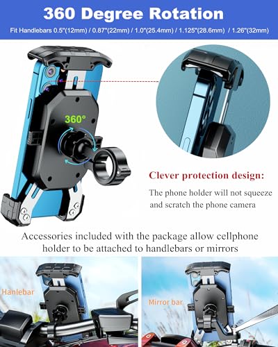 BRCOVAN Bike Motorcycle Phone Mount Holder, 1s Locking | with Solid Aluminum Alloy Mounting Base, Handlebar Cell phone Clip for Bicycle ATV Scooter, Fit 4-7'' Smartphone