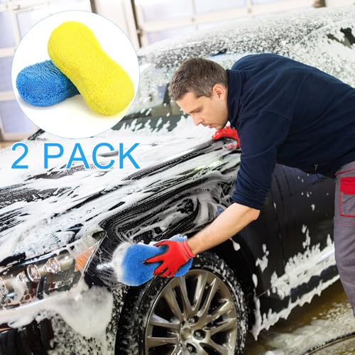Tanlade 2 Pcs Large Car Wash Sponge for Cleaning, The Microfiber Sponges for Car Washing Supplies, Trucks and Motorcycles (Blue,Yellow) - color: Blue,yellow