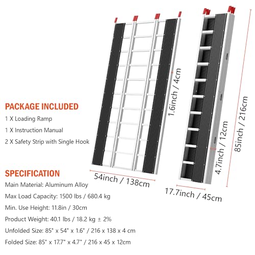85" x 54" Aluminum Foldable Ramp, Snowmobile Loading Ramp with Wide Glides, Loading Ramps, 1500 LBS Capacity Loading Ramps with Straps for ATV/Motorcycle/Trailer - size: 1500 lbs - 85" L