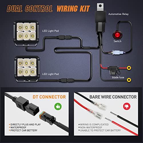 Nilight 2 PCS LED Pod Lights 120W 4 Inch Square 13500LM 120° Super Flood 14AWG DT Connector Wiring Harness Kit Offroad Driving Work Light for Truck UTV ATV SUV 4x4 - color: 6LED Flood Pod