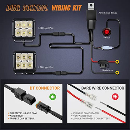 Nilight 2 PCS LED Pod Lights 120W 4 Inch Square 13500LM 120° Super Flood 14AWG DT Connector Wiring Harness Kit Offroad Driving Work Light for Truck UTV ATV SUV 4x4 - color: 6LED Flood Pod