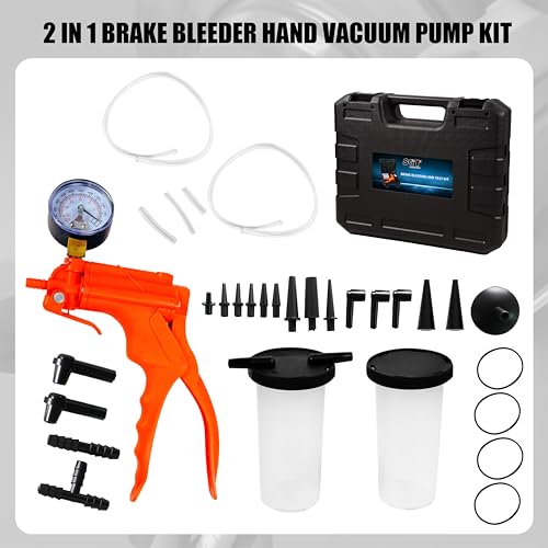 SGT 2 in 1 Brake Bleeder Kit,Brake Bleeding Kit with Hand Vacuum Pump and Adapters,for Brake Fluid Power Steering Fluid More,Vacuum Brake Bleeder Pump with Case & Gloves
