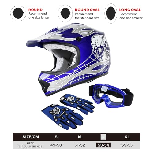 SLMOTO Dot Youth & Kids Motocross Offroad Street Helmet Motorcycle Helmet Dirt Bike Motocross ATV Helmet+Goggles+Gloves Blue Skull Design - color: Blue Skull, size: Large