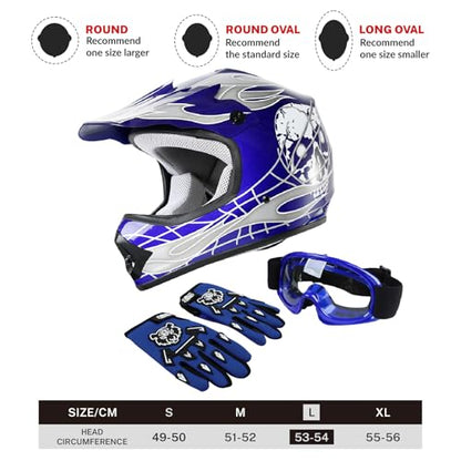 SLMOTO Dot Youth & Kids Motocross Offroad Street Helmet Motorcycle Helmet Dirt Bike Motocross ATV Helmet+Goggles+Gloves Blue Skull Design - color: Blue Skull, size: Large