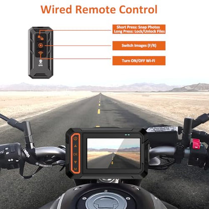 Motorcycle Dash Cam, 3'' LCD Waterproof Motorcycle Front and Rear 1080P Camera Wide Angle 155° with Wi-Fi, GPS, Wired Control, G-Sensor, Max up to 256GB