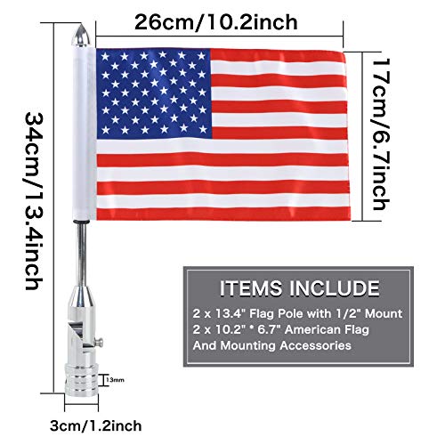 2 Pack Motorcycle Flag Pole Fold Down 90° and American Flag Flagpole Holder Bracket Fit for 1/2'' Luggage Rack For Harley Touring Spring Honda Goldwing etc. - color: Silver Flagpole+Red US Flags