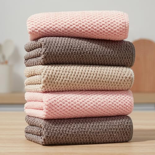 JOYMOOP Microfiber Cleaning Cloth, Soft Absorbent Cloth, Multi-Purpose Cleaning Cloth, Highly Absorbent Cleaning Rags, Lint-Free, Streak-Free Cleaning Cloths for Kitchen Home Office, 5Pcs - color: Mixed [Pink+beige+brown], size: 10"x10" - 5pcs