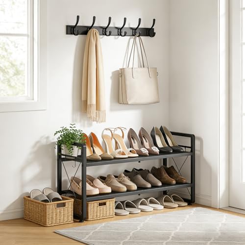 ELYKEN Shoe Rack, 2-Tier Expandable Shoe Organizer for Closet, Metal Black Shoe Shelf with 4 Hooks, Adjustable Shoe Stand Holder for Entryway, Garage, Door Entrance - size: 2-Tier