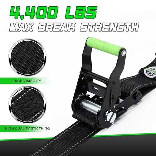 Heavy Duty Wheel Chock Tie Down Straps Set (2PK) - 4,400lb Guaranteed Max Break Strength, (2) 2" x 8' Trailer Tire Straps with (4) Wheel Chocks for ATV, UTV or Tractors - style: 2PK - Black