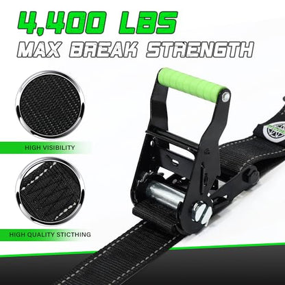 Heavy Duty Wheel Chock Tie Down Straps Set (2PK) - 4,400lb Guaranteed Max Break Strength, (2) 2" x 8' Trailer Tire Straps with (4) Wheel Chocks for ATV, UTV or Tractors - style: 2PK - Black