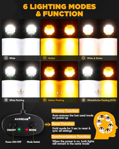 Auxbeam 4 Inch Round Offroad Light, 90W LED Amber White Spot Strobe Light Pods with 6 Modes, Dual Color Flashing Driving Fog Lights Bar Plug & Play for Truck, Pickup, SUV, ATV, UTV, 4x4, Jeep - color: P4 Series-6 Modes Spot Beam