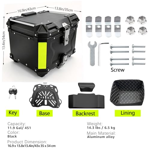 Motorcycle Top Case 45L Aluminum Alloy Motorbike Tail Box with Waterproof Lid & Anti-Shock Detachable Suitable for Stowing Helmets and Luggage