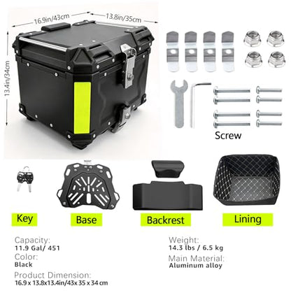 Motorcycle Top Case 45L Aluminum Alloy Motorbike Tail Box with Waterproof Lid & Anti-Shock Detachable Suitable for Stowing Helmets and Luggage