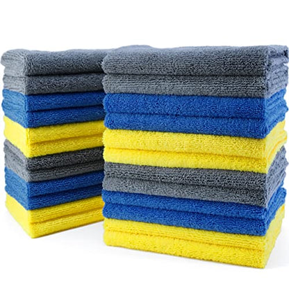 POLYTE Microfiber Cleaning Towel Ultrasonic Cut Edgeless (16x16, 24 Pack, Premium, Blue,Gray,Yellow) - color: Blue,gray,yellow
