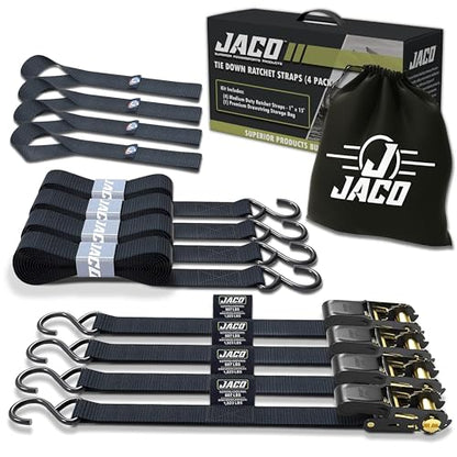 JACO Ratchet Tie Down Straps - 1 inch x 15 ft (Pack of 4) | 1,823 lbs (Black) - color: Black