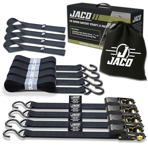 JACO Ratchet Tie Down Straps - 1 inch x 15 ft (Pack of 4) | 1,823 lbs (Black) - color: Black