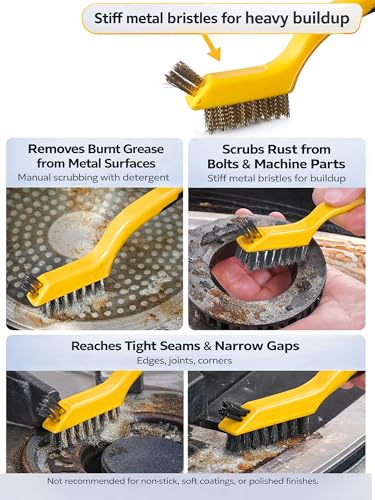 Wire Brush Set 3Pcs, Nylon/Brass/Stainless Steel Bristles with Curved Handle Grip for Cleaning with Curved Handle Grip for Rust Removal, Dirt, Paint Scrubbing Yellow - color: 3 PCS YELLOW