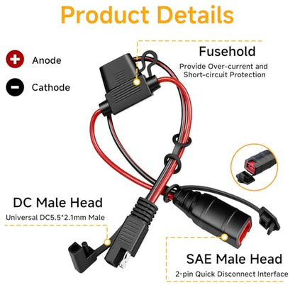 SAE Extension Cord, 14AWG Battery Charger Adapter Cable Compatible with NOCO Genius Smart Battery Chargers, SAE Adapter for Motorcycle, ATV, UTV, Car Garage Battery Maintenance Use(1FT)