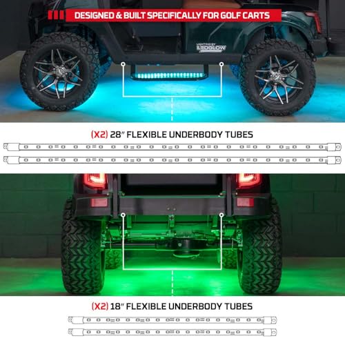 LEDGlow 4pc Million Color LED 4-Seater Golf Cart Underglow Accent Neon Lighting Kit Fits EZGO, Yamaha, Club Car, ICON, Evolution, Tomblerin, Star EV - for 12-Volt Battery - Water Resistant Flex Tubes