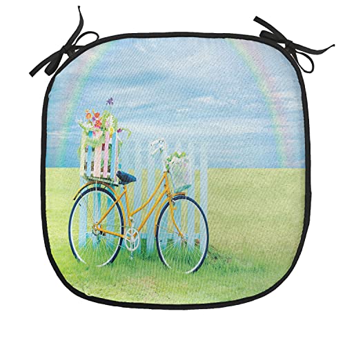 Lunarable Bicycle Chair Cushion Pad, Nostalgic Bike on The Grass Above The Colored Rainbow Dreamy Paradise Nature, Seat Padding for Kitchen & Patio with Anti-Slip Backing, 16"x16", Pale Green Blue - color: Pale Green Blue, size: Pack of 1