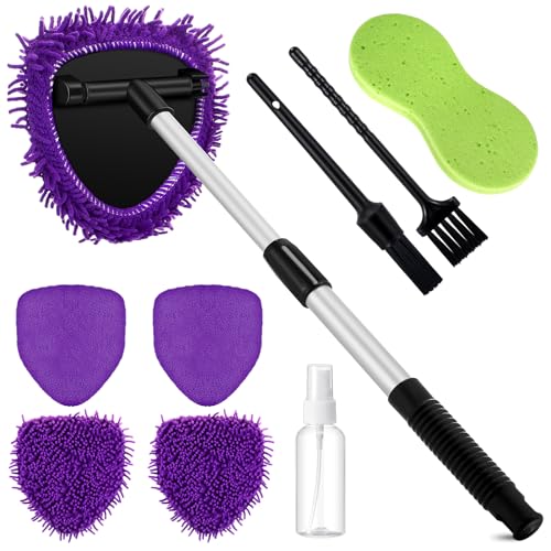 Baderke 9 Pcs Car Windshield Cleaner Tool Kit with with Extendable Handle, Microfiber Towel Pads, Sponge, Ventilation Brush, Empty Spray Bottle for Auto Glass Wiper Suvs Rvs & Home Windows(Purple) - color: Purple