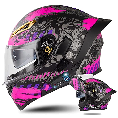 Bluetooth Modular Motorcycle Helmet with Tail DOT/ECE Approved Flip Up Front Helmets Dual Anti-Fog Visors Full Face Helmet Built-in Mp3 Integrated for Adults Men Women 55-64CM (Small, P) - color: P, size: Small