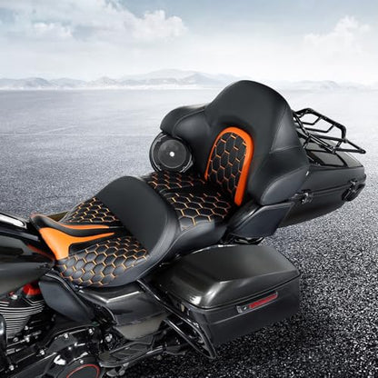 CC RIDER Gel Seat Driver Passenger Seat and King/Chopped Tour Trunk Backrest Fit For Harley Touring 2014-2023 Street Glide Road Glide Road King Electra Glide,Orange Hexagon - color: 23# Gel Orange+ 1 Backrest