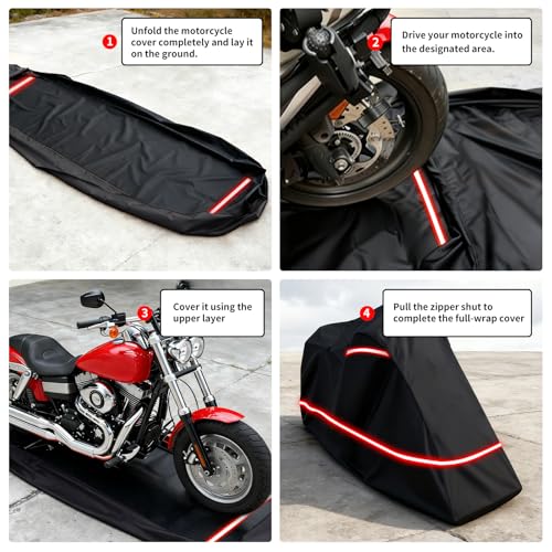 Full Enclosed Motorcycle Cover - Waterproof for Outdoor & Indoor Storage,Heavy 600D Duty with Reflective Strips,Fits Scooters & Touring Motorcycles up to Length96.5" x 45" x 53"Black - size: 96.5"L-45"W-53"H