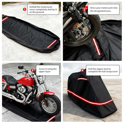 Full Enclosed Motorcycle Cover - Waterproof for Outdoor & Indoor Storage,Heavy 600D Duty with Reflective Strips,Fits Scooters & Touring Motorcycles up to Length96.5" x 45" x 53"Black - size: 96.5"L-45"W-53"H