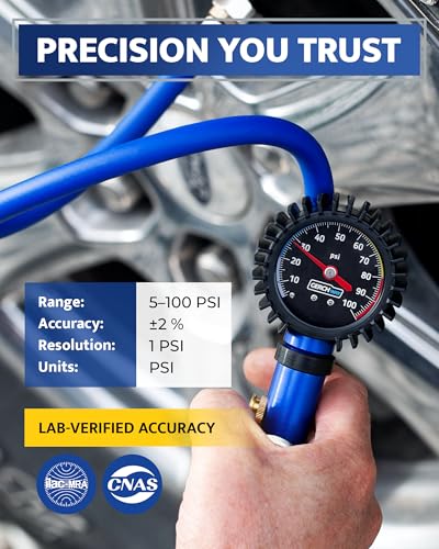 Tire Inflator with Pressure Gauge and Longer Hose - Most Accurate, Heavy Duty Air Chuck with Gauge for Air Compressor Tire Inflator Attachment - 100PSI