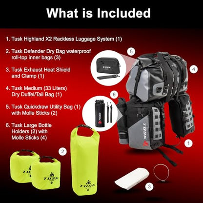 TUSK Highland X2 Rackless Luggage System w/Medium Dry Duffel/Large Bottle Holders Standard Heat Shield Black/Grey - color: Black/Grey, size: Medium Dry Duffel/Large Bottle Holders, style: Standard Heat Shield