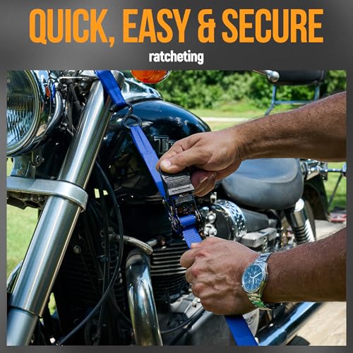 FORTEM Ratchet Straps, Tie Down Strap Set 1650lb Break Strength, 4 Pack 15ft x 1in, 4 Soft Loops, Moving Straps Tie Downs, Cargo Cam Buckles for Trucks, Carry Bag, for Men - color: Blue