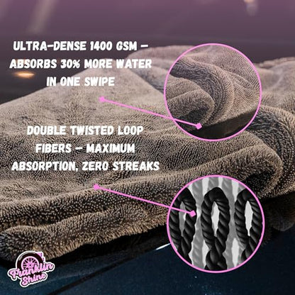 Franklin Shine Microfiber Car Drying Towel 24"x36" Extra Large - 1400 GSM Double Twisted Loop, Ultra Absorbent, Streak-Free, Edgeless & Scratch-Free, Professional Car Detailing Towel, Arizona XL