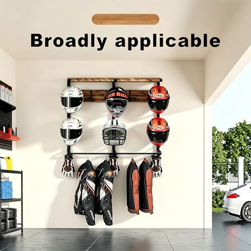 Motorcycle Helmet Holder Wall Mount, Motorcycle Gear Rack with 6 Hat Stands, Helmet Stand for Most Helmet and Clothes, Sturdy Construction Storage Organizer for Garages or Indoor