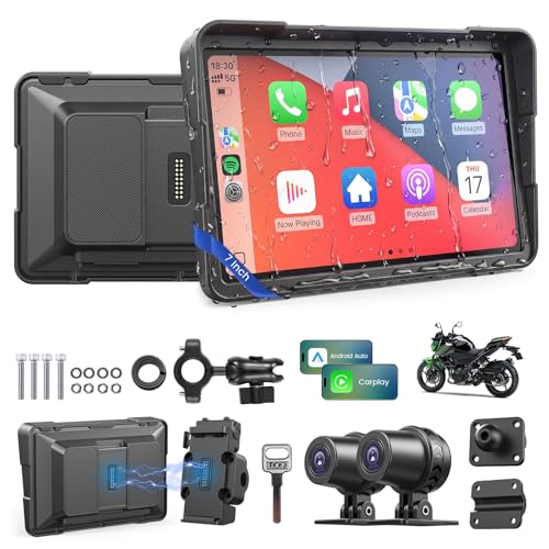 Wonvon 7" Motorcycle CarPlay Display Wireless Apple CarPlay & Android Auto GPS Navigation 2K Dual Dash Cam IP69 Waterproof Anti-Glare Screen with Quick Release Mount(Support TPMS, Buy Separately) - color: 7 Inch for 99% Motor