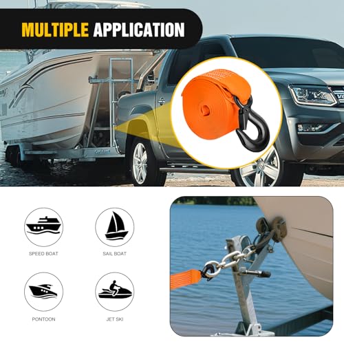 Boat Trailer Winch Strap 2 x 20Inch With Steel Hook 500 LBS Break Strength Winch Strap For Pontoon, Jet Ski, Fishing Boat - color: 2in x 20ft Boat Trailer Winch Strap