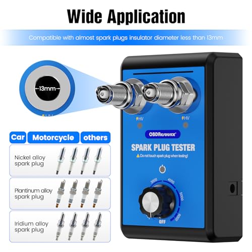 OBDResource Automotive Spark Plug Tester Engine Ignition Spark Plugs Tester Analyzer 0 to 6000RPM Car Motorcycle Spark Plug Testers Tool for 12V Gasoline Vehicles Dual Holes 13MM Spark Plug Socket