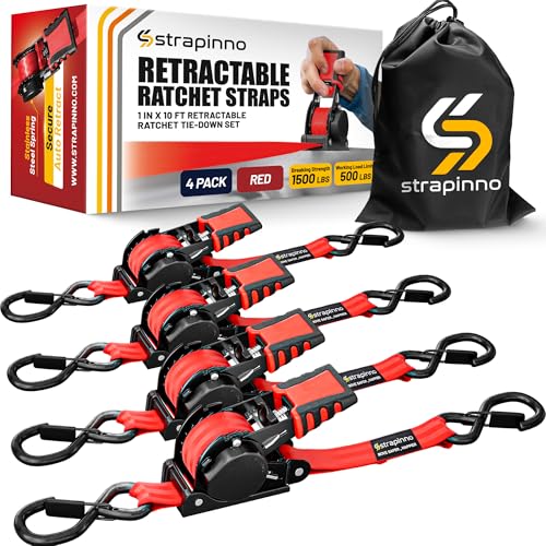 Strapinno Retractable Ratchet Straps (4-Pack), 1 in x 10 ft, 1,500LBS Break Strength, Most Durable Straps and Core, Auto Self Retracting Tie Downs for Truck, Moving, Motorcycle, Bike, Jetski, Kayak - color: Red Strap, Black Coated
