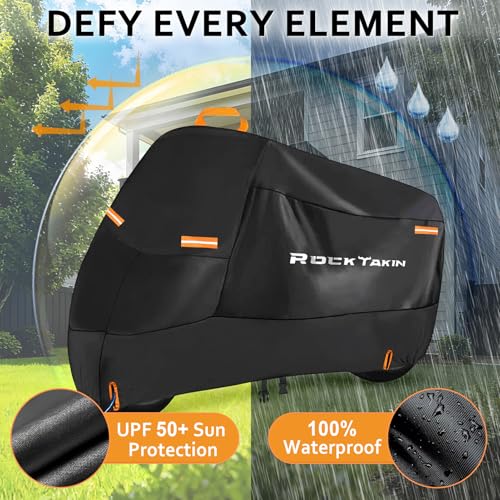 ROCKTAKIN 300D Heavy Duty Motorcycle Cover, Waterproof All Season Outdoor Protection with 4 Reflective Strips & Lock Holes, Fits Most Cruisers, Touring Bikes and Scooters up to 104" - size: 104"