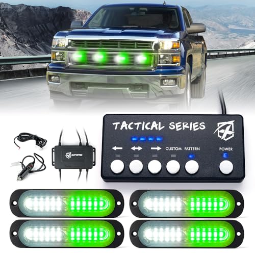 Xprite White Green LED Surface Mount Strobe Lights Kit, w/Control Panel Emergency Safety Warning Flashing Grille Cop Marker Light Assembly for Vehicles Trucks ATV UTV Motorcycle 4PCS - color: White Green, size: 4PCS