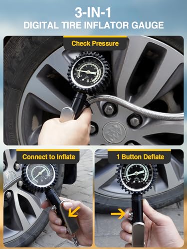 AZUNO Heavy Duty Tire Pressure Gauge, Tire Inflator Gauge 230PSI Air Chuck Air Compressor Attachments, with Steel Braided Hose, Large 2.6" Glow Dial & Quick Connect Coupler, for Truck/Car/SUV/RV/Bike - size: 230 PSI Analog For Truck&RV