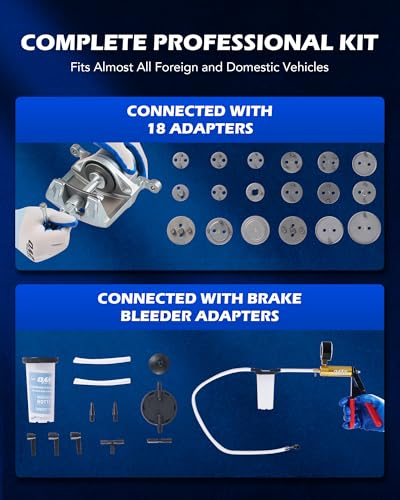 Orion Motor Tech 2 in 1 Brake Caliper Compression Tool & Brake Bleeder Kit, Handheld Vacuum Pump Brake Bleeder Tool Set, Disc Brake Pad Service Tool with Thrust Bolt Retaining Plates & 18 Adapters - color: Black