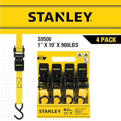 STANLEY S9500 Black/Yellow 1" x 10' Ratchet Straps - Light Cargo (300 lb Working Load / 900 lb Break Strength),4 Count (Pack of 6) - size: 1" x 10' (Pack of 6)